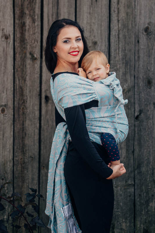 WRAP-TAI carrier Mini with hood/ jacquard twill / 60% cotton 28% linen 12% tussah silk /TWISTED LEAVES GREY & TURQUOISE #babywearing