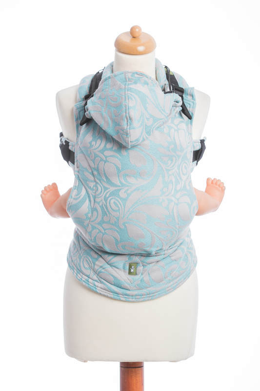 Ergonomic Carrier, Baby Size, jacquard weave 60% cotton 28% linen 12% tussah silk - TWISTED LEAVES GREY & TURQUOISE, Second Generation #babywearing