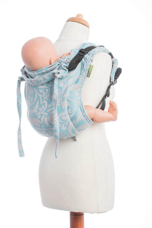 Lenny Buckle Onbuhimo baby carrier, standard size, jacquard weave (60% cotton 28% linen 12% tussah silk) - TWISTED LEAVES GREY & TURQUOISE #babywearing