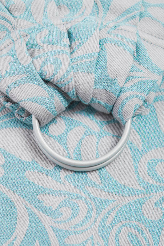 Bandolera de anillas, tejido Jacquard (60% algodón, 28% lino, 12% seda tusor) - TWISTED LEAVES GRIS & TURQUESA  - long 2.1m #babywearing