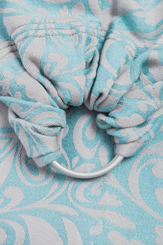 Bandolera de anillas, tejido Jacquard (60% algodón, 28% lino, 12% seda tusor) - con plegado simple - TWISTED LEAVES GRIS & TURQUESA - long 2.1m #babywearing