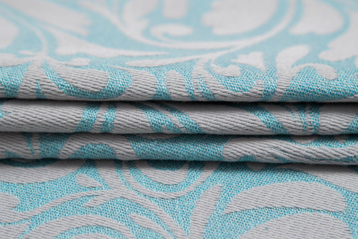 Baby Wrap, Jacquard Weave (60% cotton 28% linen 12% tussah silk) - TWISTED LEAVES GREY & TURQUOISE - size L #babywearing