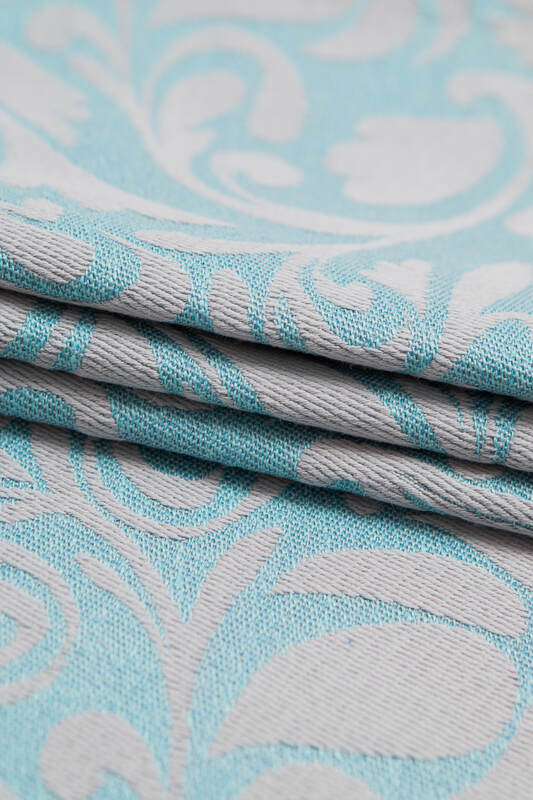Écharpe, jacquard (60% Coton, 28% Lin, 12% Soie tussah) - TWISTED LEAVES GRIS & TURQUOISE - taille L (grade B) #babywearing