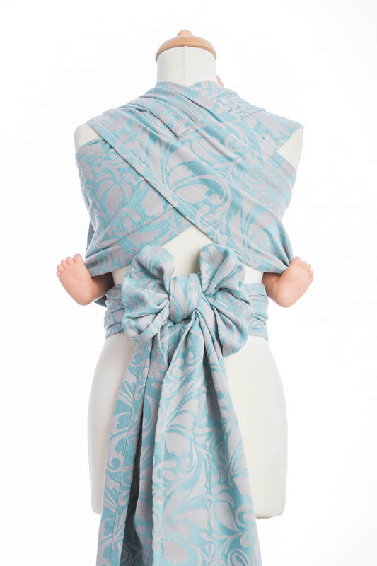 WRAP-TAI carrier Mini with hood/ jacquard twill / 60% cotton 28% linen 12% tussah silk /TWISTED LEAVES GREY & TURQUOISE #babywearing