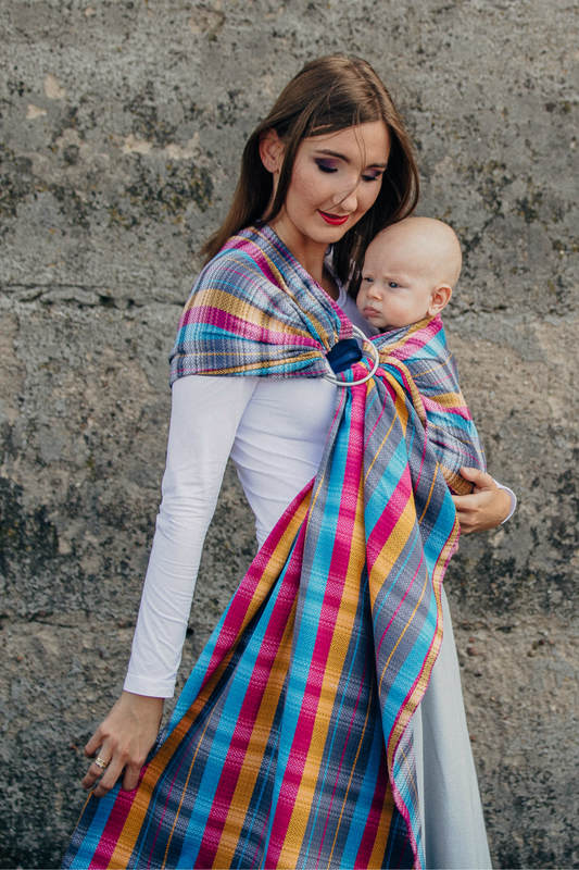 Chusta kółkowa do noszenia dzieci, tkana splotem jodełkowym, bawełna, ramię bez zakładek - MAŁA JODEŁKA ŚWIATŁA MIASTA  - long 2.1m #babywearing