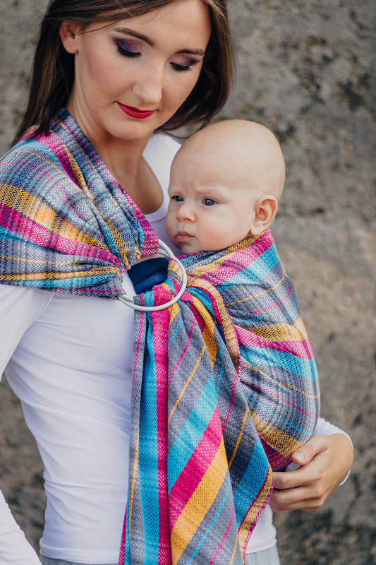 Chusta kółkowa do noszenia dzieci, tkana splotem jodełkowym, bawełna, ramię bez zakładek - MAŁA JODEŁKA ŚWIATŁA MIASTA  - long 2.1m #babywearing