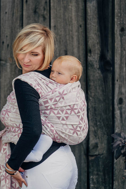 Baby Wrap, Jacquard Weave (60% cotton, 28% merino wool, 8% silk, 4% cashmere) - HEXA FLOWERS PINK  - size M #babywearing