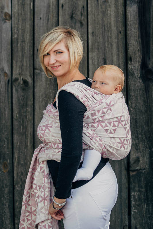 Baby Wrap, Jacquard Weave (60% cotton, 28% merino wool, 8% silk, 4% cashmere) - HEXA FLOWERS PINK  - size XL #babywearing
