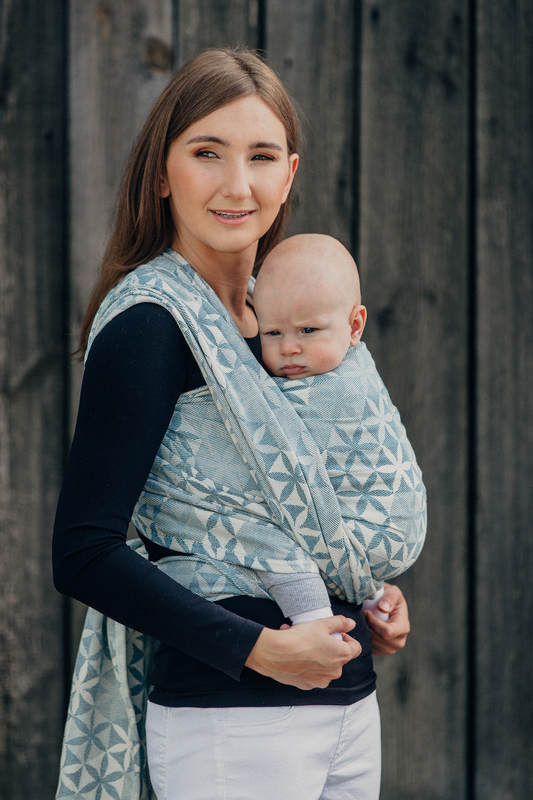 Baby Wrap, Jacquard Weave (60% cotton, 28% merino wool, 8% silk, 4% cashmere) - HEXA FLOWERS BLUE  - size L #babywearing