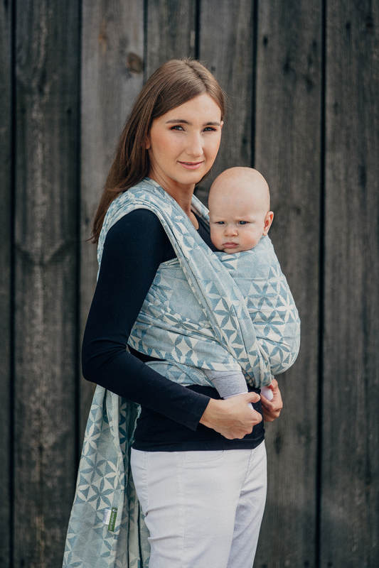 Baby Wrap, Jacquard Weave (60% cotton, 28% merino wool, 8% silk, 4% cashmere) - HEXA FLOWERS BLUE  - size XS (grade B) #babywearing