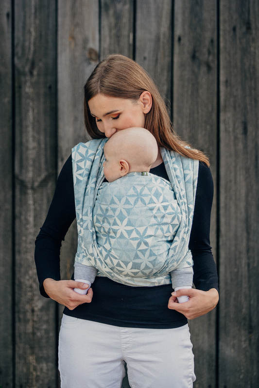 Żakardowa chusta do noszenia dzieci, 60% bawełna , 28% wełna merino, 8% jedwab, 4% kaszmir - HEKSA KWIATY NIEBIESKIE - rozmiar S #babywearing