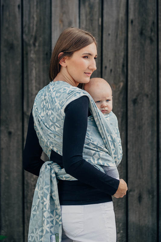 Baby Wrap, Jacquard Weave (60% cotton, 28% merino wool, 8% silk, 4% cashmere) - HEXA FLOWERS BLUE  - size S #babywearing