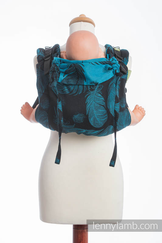Lenny Buckle Onbuhimo baby carrier, standard size, jacquard weave (100% cotton) - FEATHERS TURQUOISE & BLACK #babywearing