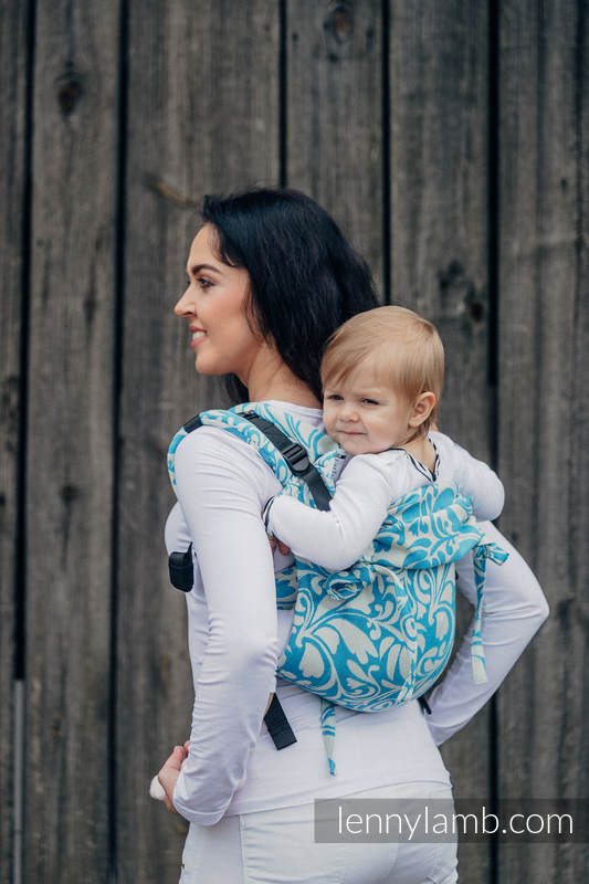 Nosidło Klamrowe ONBUHIMO z tkaniny żakardowej (100% bawełna), rozmiar Toddler - ZAKRĘCONE LIŚCIE KREM Z TURKUSEM (drugi gatunek) #babywearing