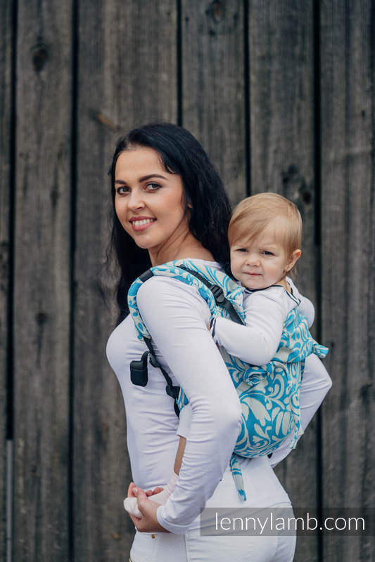 Lenny Buckle Onbuhimo baby carrier, standard size, jacquard weave (100% cotton) - TWISTED LEAVES CREAM & TURQUOISE  #babywearing