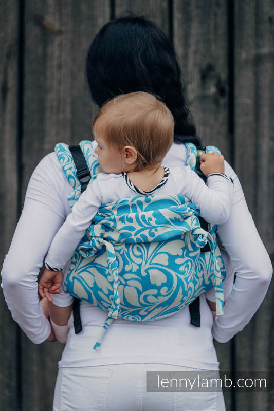Lenny Buckle Onbuhimo baby carrier, toddler size, jacquard weave (100% cotton) - TWISTED LEAVES CREAM & TURQUOISE  #babywearing