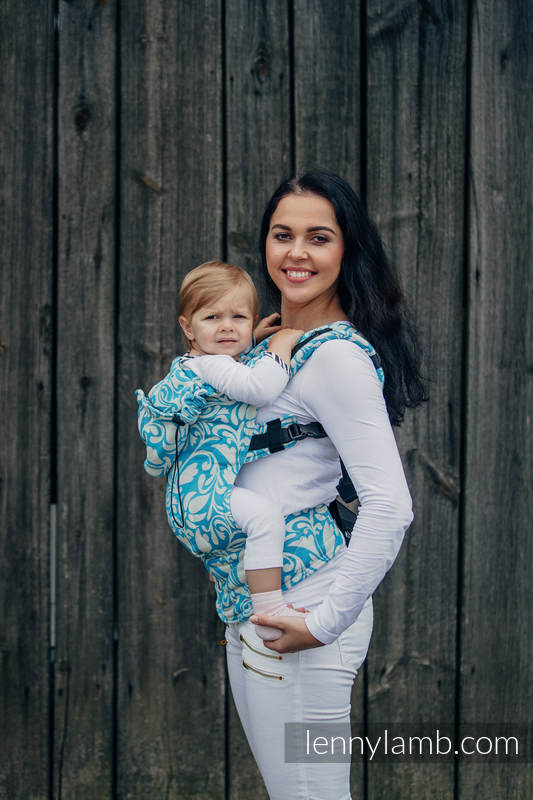 Ergonomic Carrier, Baby Size, jacquard weave 100% cotton - TWISTED LEAVES CREAM & TURQUOISE - Second Generation #babywearing