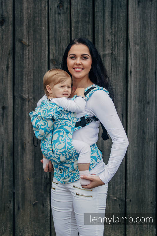 Mochila ergonómica, talla Toddler, jacquard 100% algodón - TWISTED LEAVES CREAM & TURQUESA - Segunda generación #babywearing