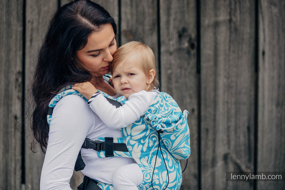 Ergonomic Carrier, Toddler Size, jacquard weave 100% cotton - TWISTED LEAVES CREAM & TURQUOISE - Second Generation #babywearing