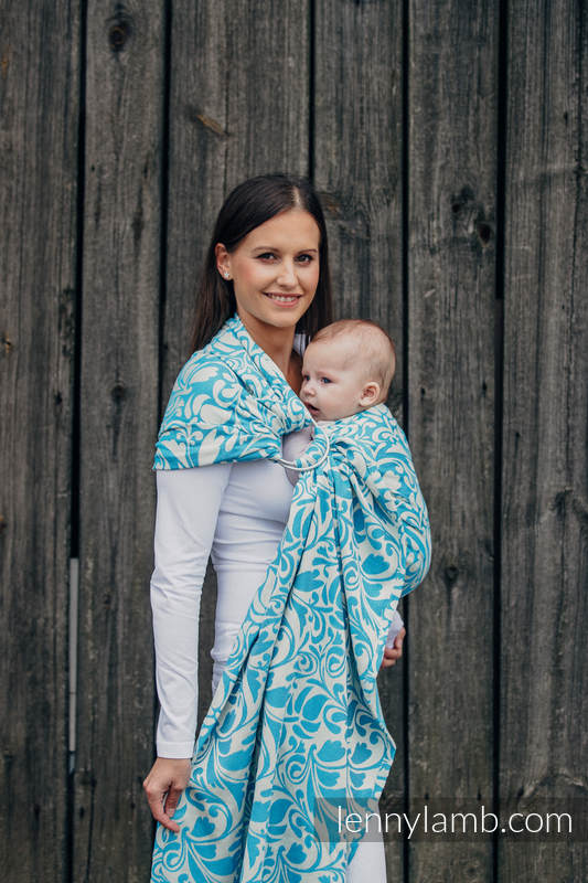 Ringsling, Jacquard Weave (100% cotton) - with gathered shoulder - TWISTED LEAVES CREAM & TURQUOISE - long 2.1m (grade B) #babywearing