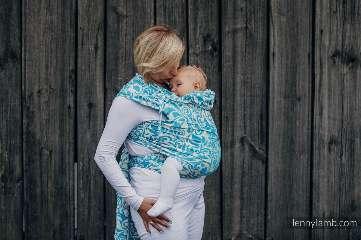 WRAP-TAI portabebé Mini con capucha/ jacquard sarga/100% algodón/ TWISTED LEAVES CREAM & TURQUESA  #babywearing