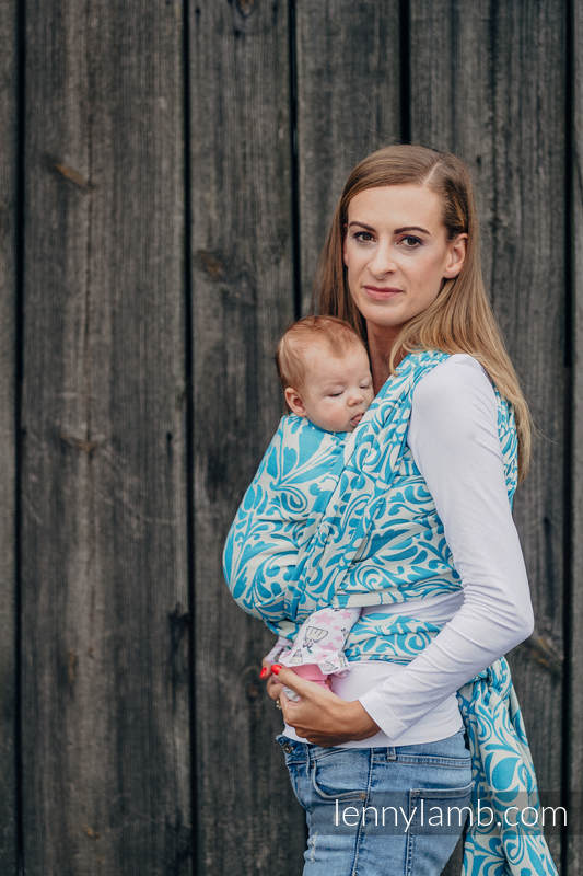 Baby Wrap, Jacquard Weave (100% cotton) - TWISTED LEAVES CREAM & TURQUOISE - size S #babywearing