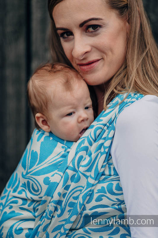 Baby Wrap, Jacquard Weave (100% cotton) - TWISTED LEAVES CREAM & TURQUOISE - size XS #babywearing