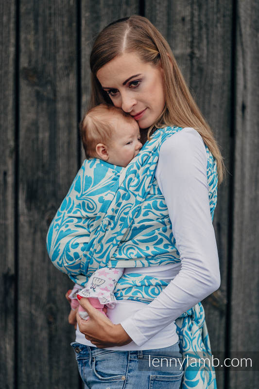 Écharpe, jacquard (100% coton) - TWISTED LEAVES CRÈME & TURQUOISE - taille S (grade B) #babywearing