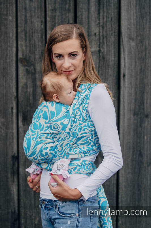 Żakardowa chusta do noszenia dzieci, bawełna - ZAKRĘCONE LIŚCIE KREM Z TURKUSEM - rozmiar M (drugi gatunek) #babywearing