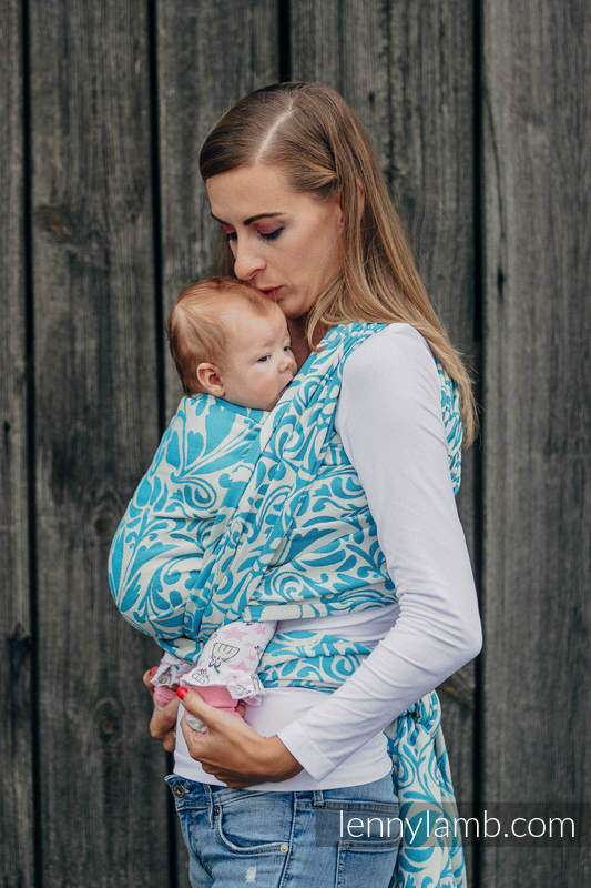 Baby Wrap, Jacquard Weave (100% cotton) - TWISTED LEAVES CREAM & TURQUOISE - size L (grade B) #babywearing