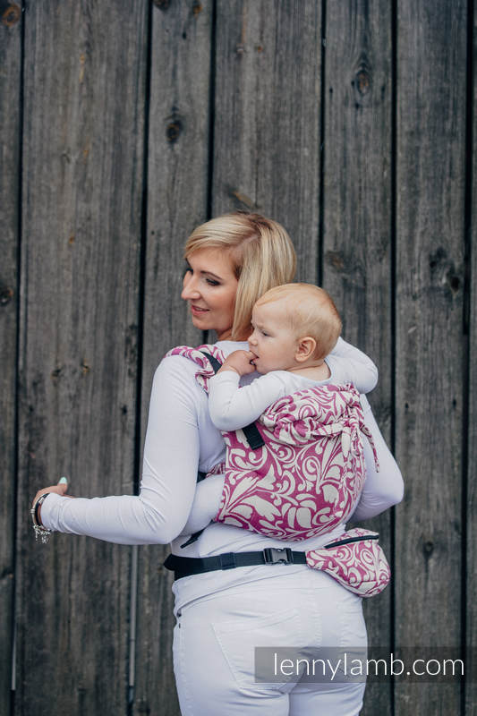 Lenny Buckle Onbuhimo baby carrier, standard size, jacquard weave (100% cotton) - TWISTED LEAVES CREAM & PURPLE #babywearing