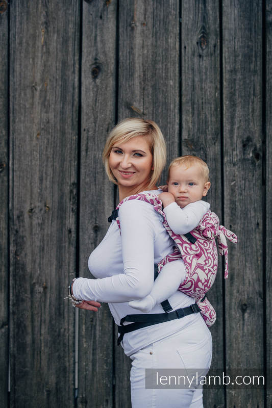 Lenny Buckle Onbuhimo baby carrier, standard size, jacquard weave (100% cotton) - TWISTED LEAVES CREAM & PURPLE #babywearing