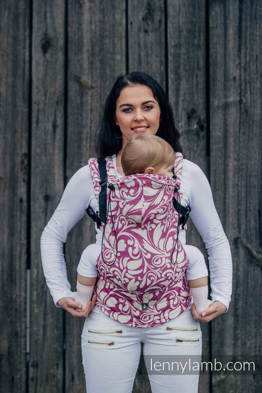 Nosidełko Ergonomiczne z tkaniny żakardowej 100% bawełna , Baby Size, ZAKRĘCONE LIŚCIE KREM Z PURPURĄ - Druga Generacja #babywearing