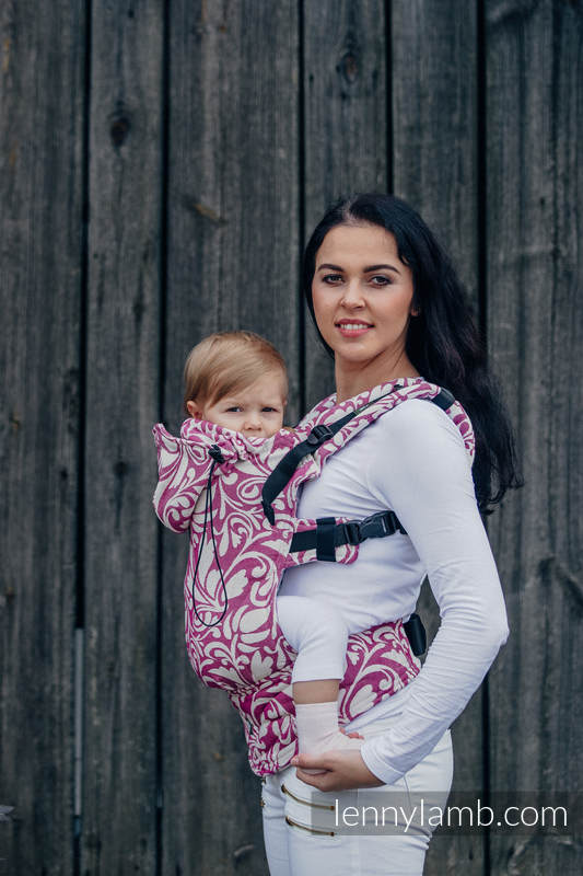 Mochila ergonómica, talla bebé, jacquard 100% algodón - TWISTED LEAVES CREAM & MORADO - Segunda generación #babywearing