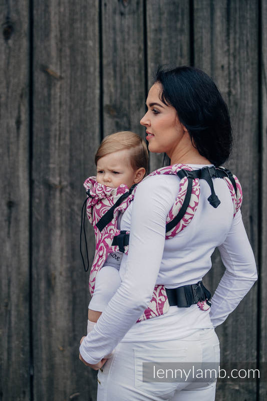 Mochila ergonómica, talla Toddler, jacquard 100% algodón - TWISTED LEAVES CREAM & MORADO - Segunda generación #babywearing