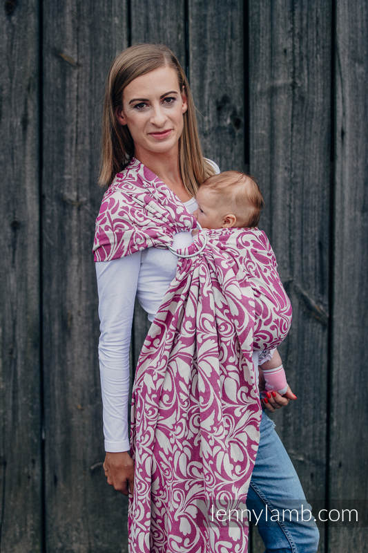 Ringsling, Jacquard Weave (100% cotton) - with gathered shoulder - TWISTED LEAVES CREAM & PURPLE - long 2.1m #babywearing