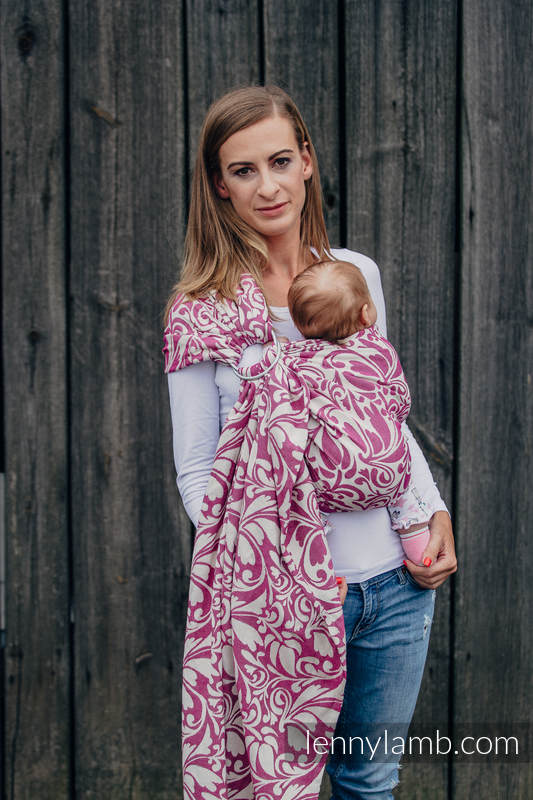 Ringsling, Jacquard Weave (100% cotton) - with gathered shoulder - TWISTED LEAVES CREAM & PURPLE - long 2.1m #babywearing
