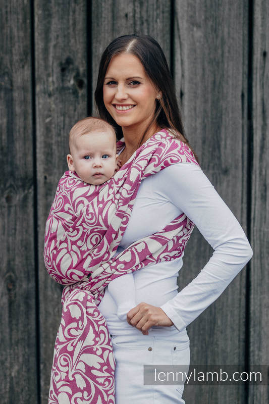 Żakardowa chusta do noszenia dzieci, bawełna - ZAKRĘCONE LIŚCIE KREM Z PURPURĄ - rozmiar XS (drugi gatunek) #babywearing