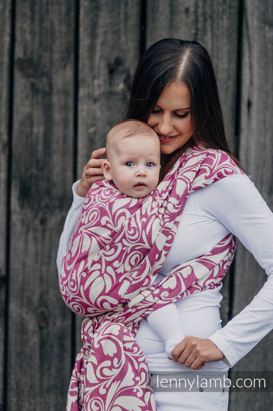 Żakardowa chusta do noszenia dzieci, bawełna - ZAKRĘCONE LIŚCIE KREM Z PURPURĄ - rozmiar XS (drugi gatunek) #babywearing