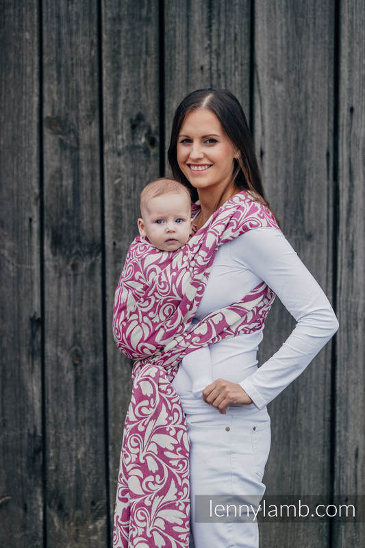 Baby Wrap, Jacquard Weave (100% cotton) - TWISTED LEAVES CREAM & PURPLE - size L #babywearing