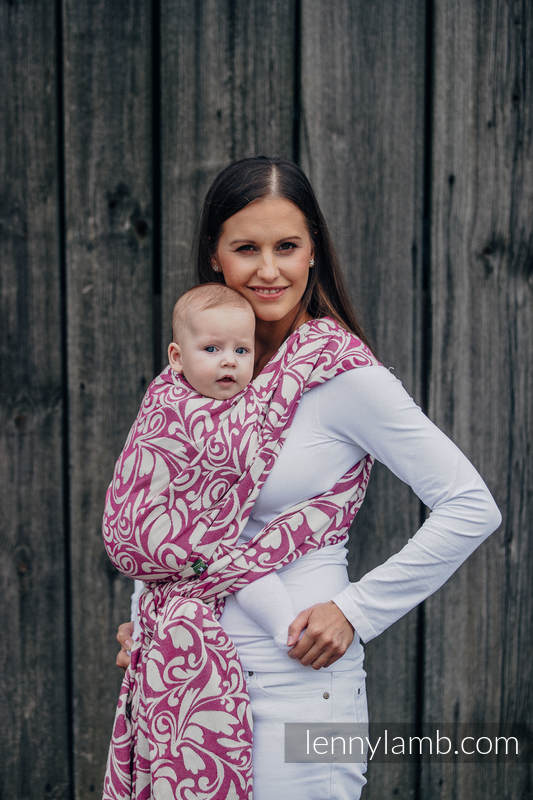Żakardowa chusta do noszenia dzieci, bawełna - ZAKRĘCONE LIŚCIE KREM Z PURPURĄ - rozmiar S #babywearing