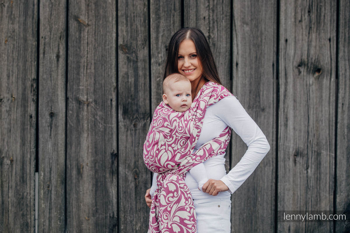 Żakardowa chusta do noszenia dzieci, bawełna - ZAKRĘCONE LIŚCIE KREM Z PURPURĄ - rozmiar XL #babywearing