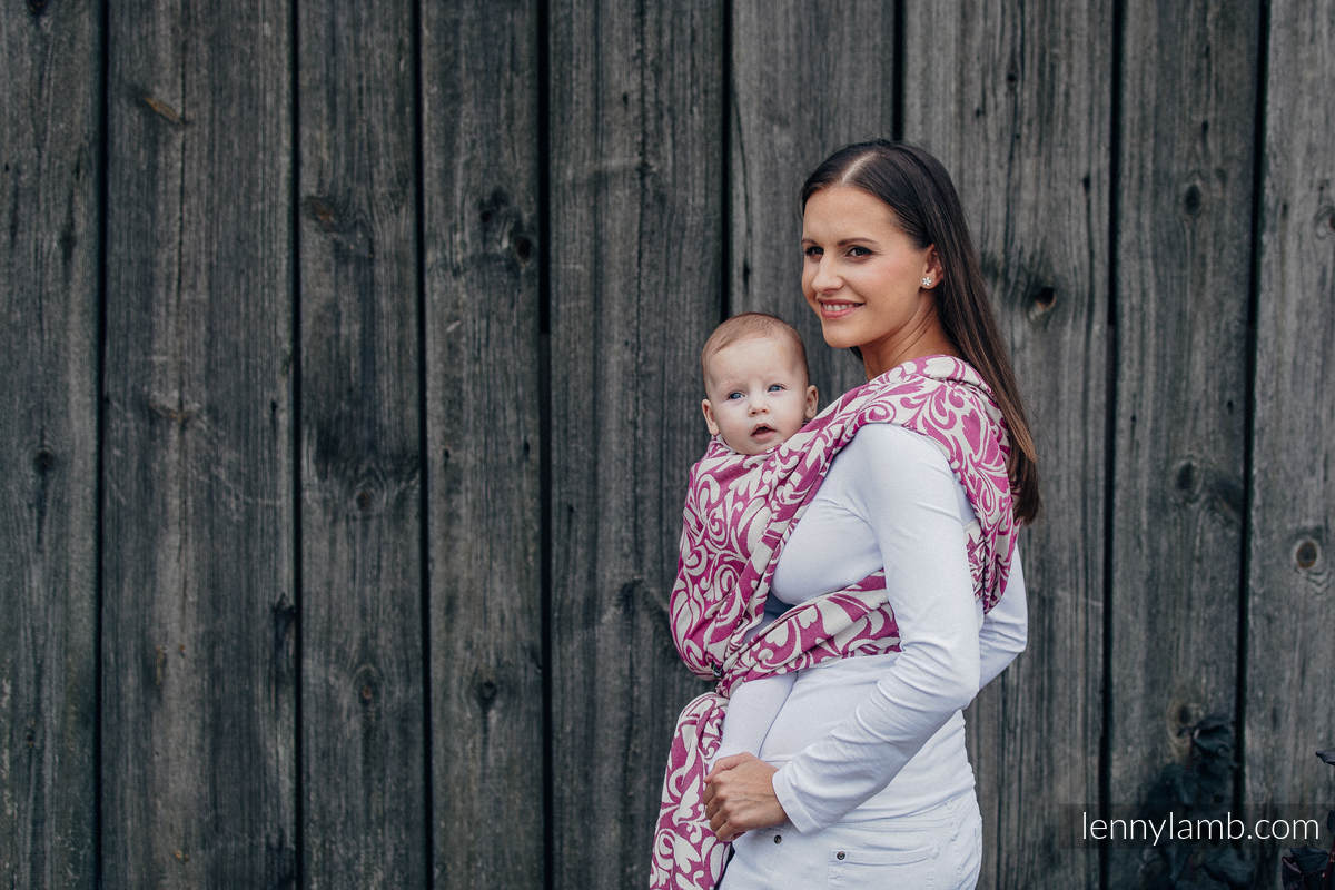Baby Wrap, Jacquard Weave (100% cotton) - TWISTED LEAVES CREAM & PURPLE - size S #babywearing