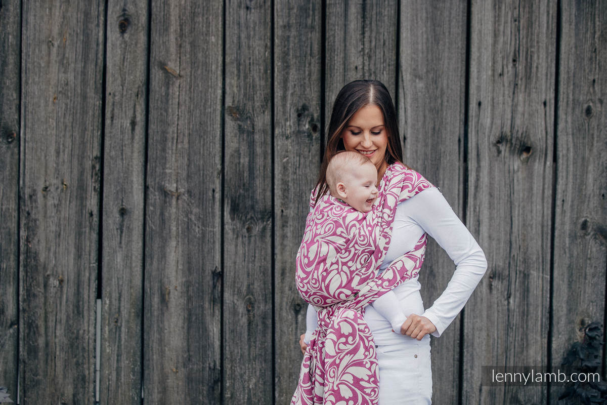 Żakardowa chusta do noszenia dzieci, bawełna - ZAKRĘCONE LIŚCIE KREM Z PURPURĄ - rozmiar L #babywearing
