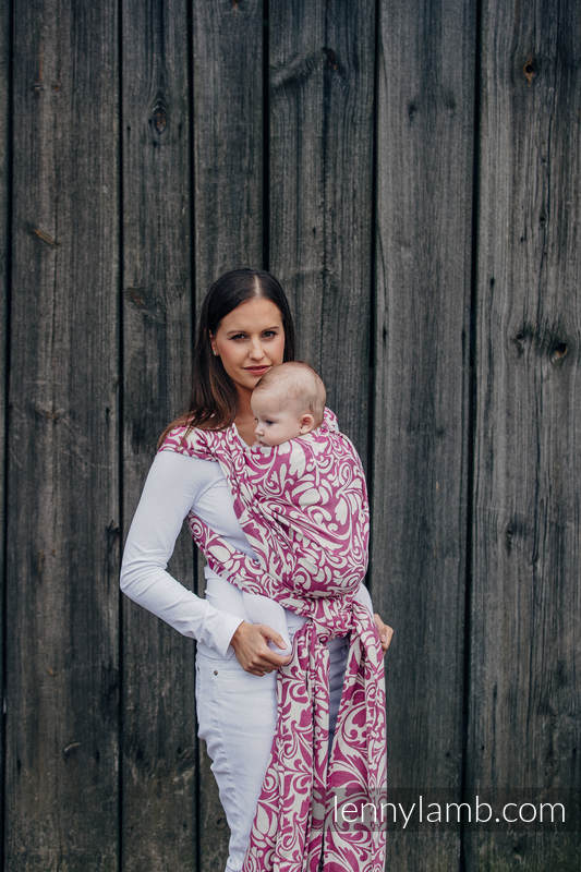 Żakardowa chusta do noszenia dzieci, bawełna - ZAKRĘCONE LIŚCIE KREM Z PURPURĄ - rozmiar M #babywearing