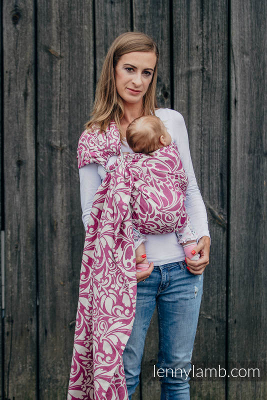 Ringsling, Jacquard Weave (100% cotton) - with gathered shoulder - TWISTED LEAVES CREAM & PURPLE - long 2.1m (grade B) #babywearing