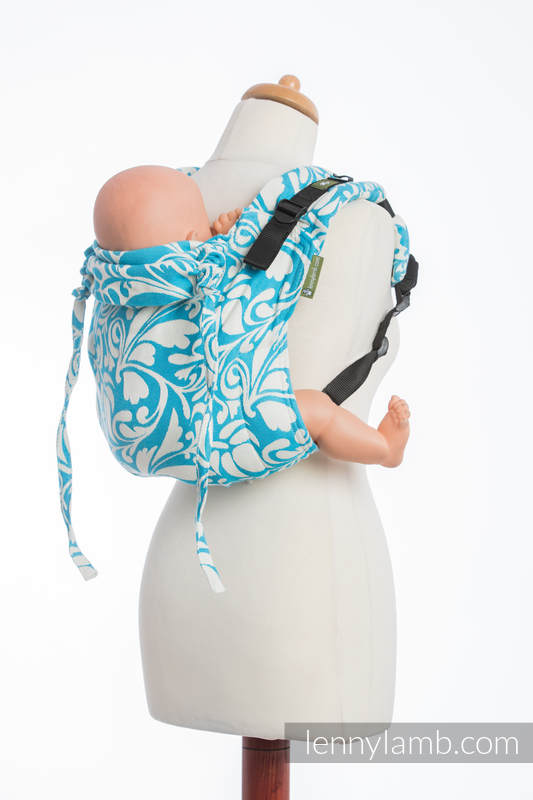 Nosidło Klamrowe ONBUHIMO z tkaniny żakardowej (100% bawełna), rozmiar Toddler - ZAKRĘCONE LIŚCIE KREM Z TURKUSEM (drugi gatunek) #babywearing