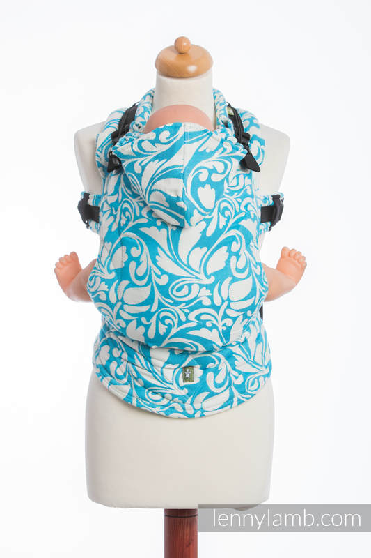 Ergonomic Carrier, Baby Size, jacquard weave 100% cotton - TWISTED LEAVES CREAM & TURQUOISE - Second Generation #babywearing