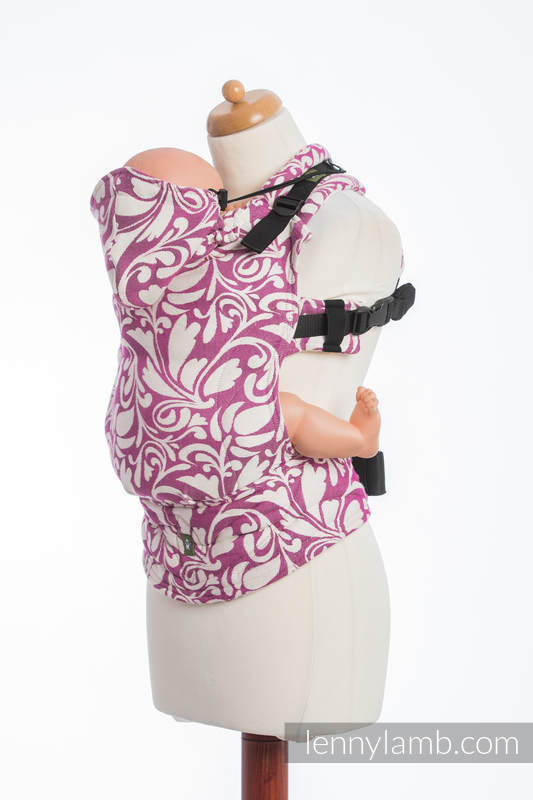 Ergonomic Carrier, Baby Size, jacquard weave 100% cotton - TWISTED LEAVES CREAM & PURPLE - Second Generation #babywearing