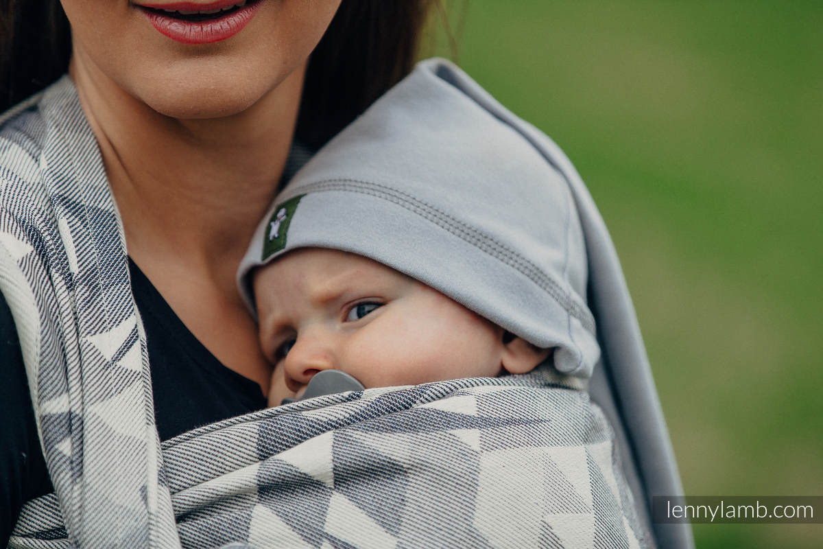 Żakardowa chusta do noszenia dzieci, 80% Bawełna 14% Len 6% Jedwab Tussah - JASKÓŁKI SZARE  - rozmiar XS #babywearing